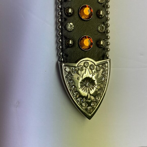 BHW Western Amber Bling Cowgirl Belt Gen Leather Sz L 36-38 Brown Silver Rodeo - Picture 6 of 16